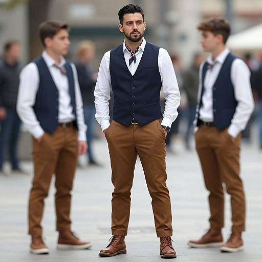 Photograph of three men in white shirts, black vests, brown pants, and brown shoes standing in a blurred urban street background.