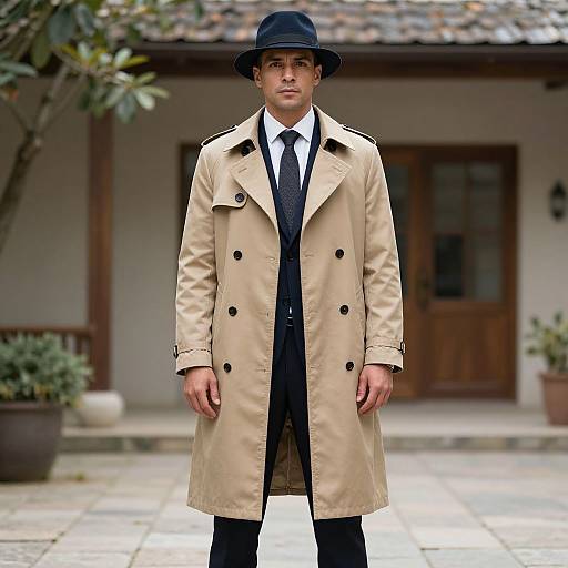 Photograph of a young man in a beige trench coat, black tie, and black fedora, standing in front of a traditional Japanese-style building with