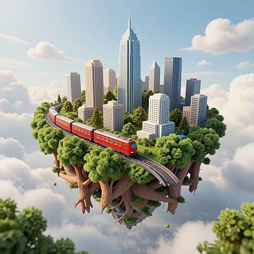 CGI image of a floating city with skyscrapers and lush green trees, featuring a red train on a curved track above a cloudy sky.