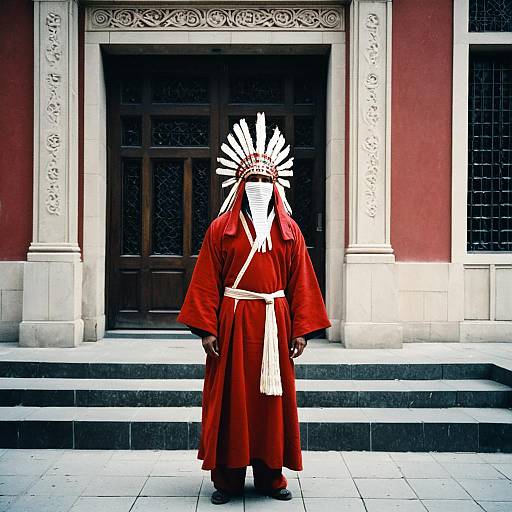 Photograph of a person in a red robe and white mask with white feather headdress, standing on steps in front of ornate building with dark wooden