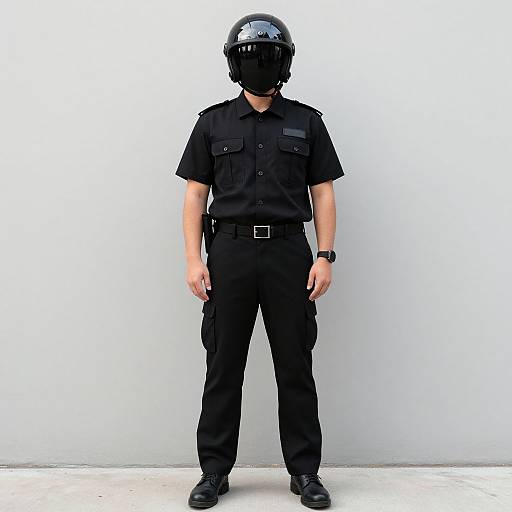 Photograph of a male police officer standing against a white wall, wearing a black uniform, helmet with reflective visor, and black boots.