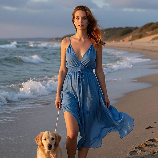 Photograph of a woman in a blue, V-neck, sundress walking a golden retriever on a beach at sunset, with waves and dunes