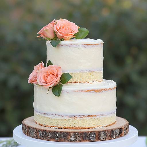 Photograph of a three-tiered white cake with peach roses on top, set on a rustic wooden cake stand, against a blurred green background.