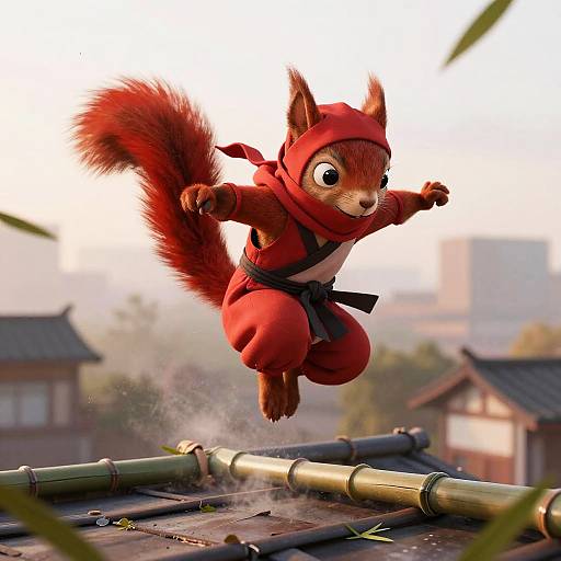 Ninja Red Squirrel on Bamboo Rooftop