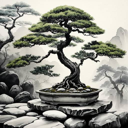 Ancient Bonsai Tree in Ink Wash Painting