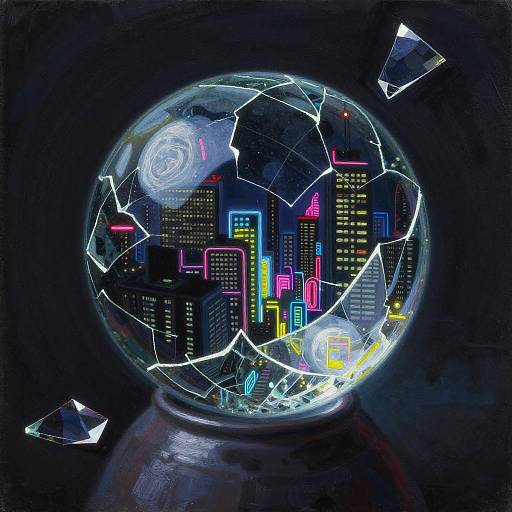 Glowing, neon-lit cityscape inside a cracked glass orb, with swirling lights and broken fragments against a dark background. Digital art.