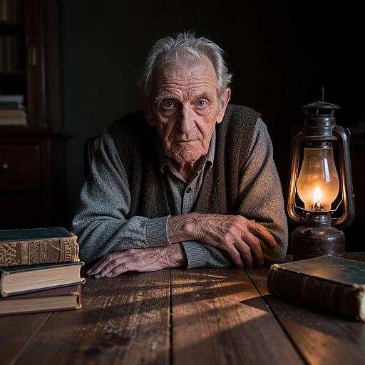 Photograph of an elderly man with white hair, wrinkled face, wearing a gray sweater, leaning on a wooden table with books and a lit lantern