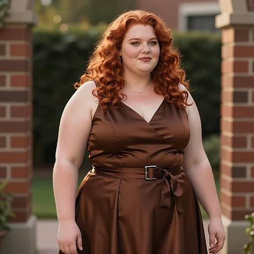 Plus Size Woman in Brown Satin Dress Outdoors
