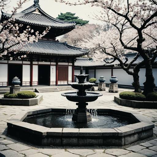 Oriental Courtyard with Cherry Blossoms and Fountain