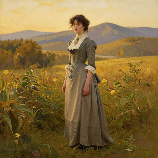 Victorian-era woman in gray dress with white collar and cuffs, standing in sunlit field of yellow flowers and grasses, with mountains in the background