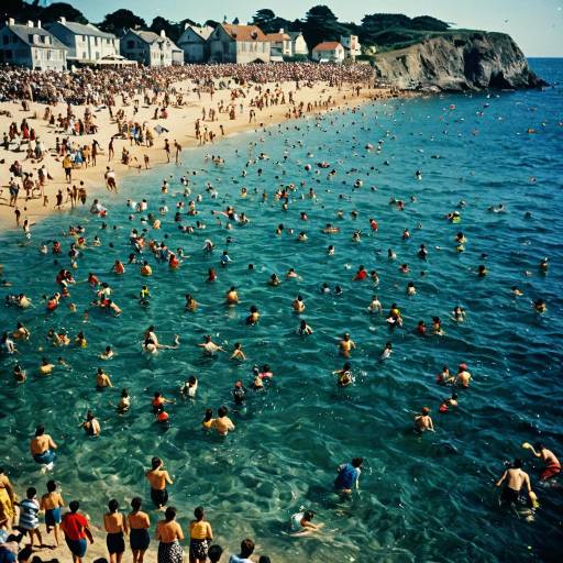 Crowded Summer Beach with Swimmers Crowded Summer Beach with Swimmers