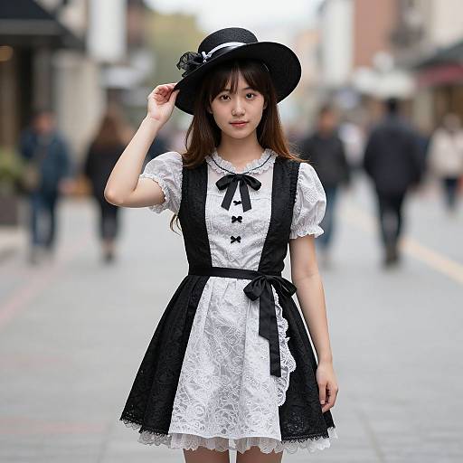 Asian woman in black-and-white lace maid dress, black hat with flower, standing on blurred urban street, hand touching hat. Photographic image.