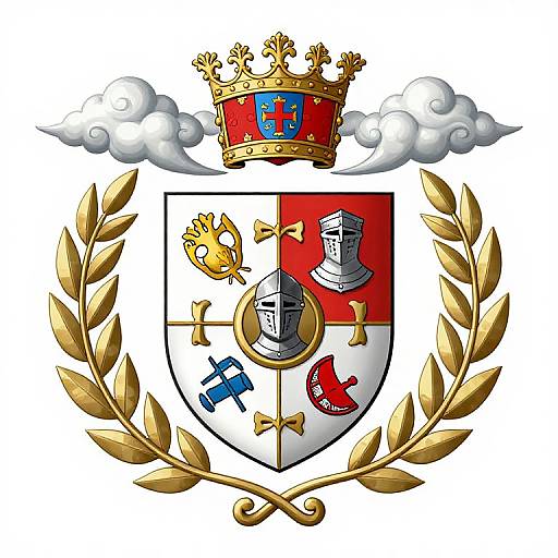 Colorful heraldic coat of arms with gold laurel wreath, crowned shield featuring castle, knight, yellow bird, ship, and red fish.