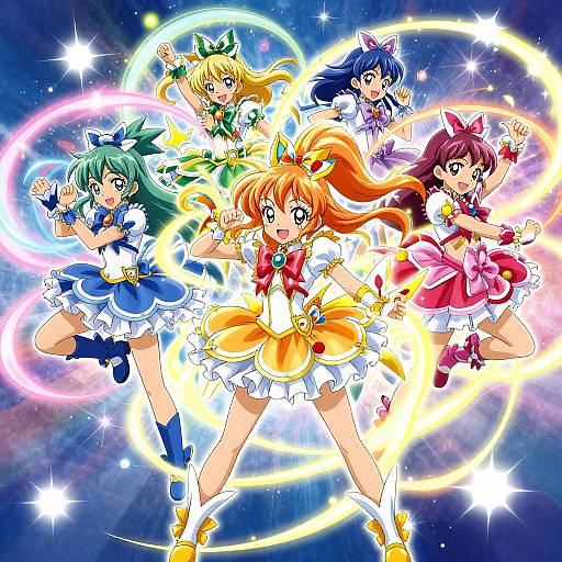 Anime-style digital illustration of five magical girl characters in colorful, frilled outfits, forming dynamic poses with glowing rings in a starry background.