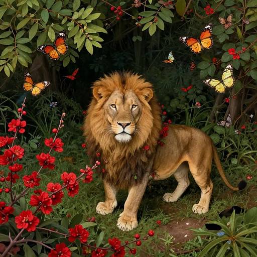 Photorealistic digital artwork of a majestic lion standing amidst vibrant red flowers, surrounded by colorful butterflies, in a lush, green forest.