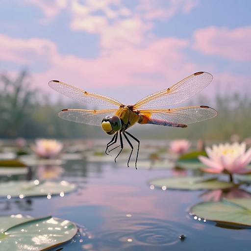 Photograph of a vibrant, yellow and black dragonfly with translucent wings hovering above a serene, pink-lily-filled pond under a bright, partly cloudy