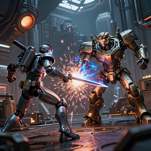Digital CGI image of two metallic robots in a futuristic, industrial setting, clashing with a glowing blue sword emitting sparks.