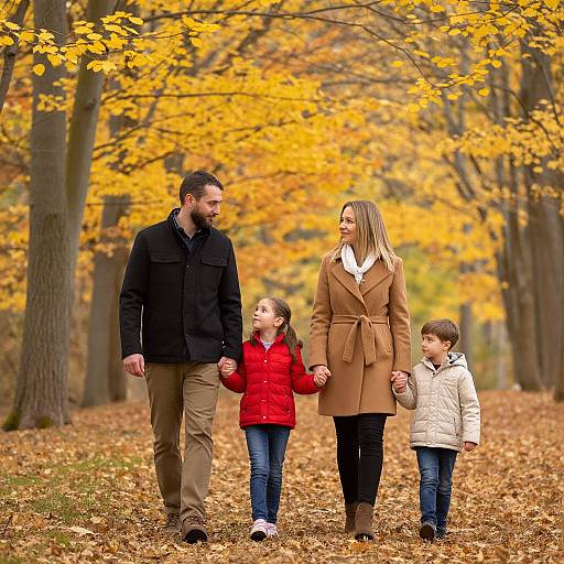 Photograph of a bearded father in black coat, blonde mother in brown coat, holding hands with two children in red and white jackets, walking through