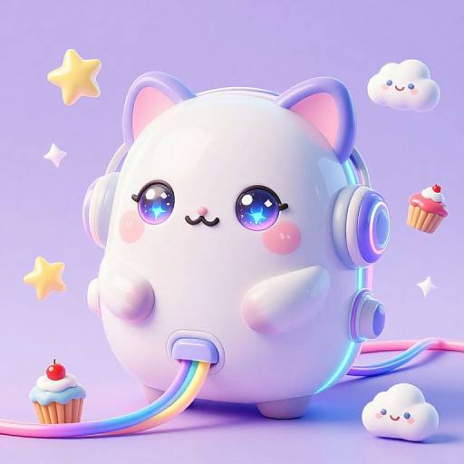 Cute, white, spherical, cat-eared creature with large blue eyes, wearing headphones, connected to colorful cables, surrounded by cupcakes and clouds,