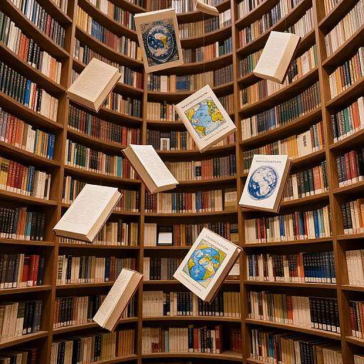Photograph of floating books with globe illustrations above curved wooden bookshelves filled with multicolored books, creating a magical library scene.