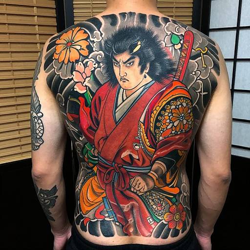 Tattooed male back featuring a vibrant, traditional Japanese samurai in a red kimono, surrounded by colorful flowers and clouds, standing with a