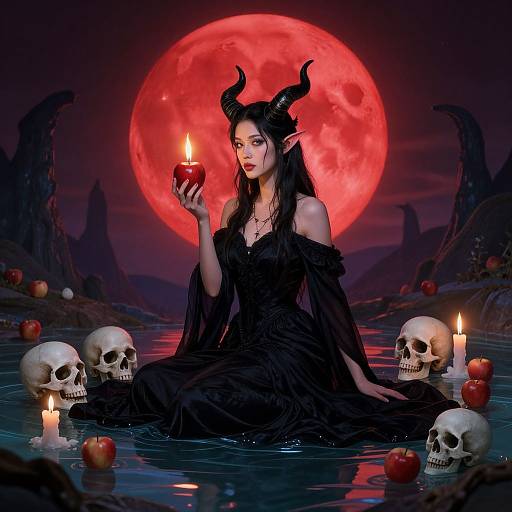 Digital artwork: Dark elf woman with black horns, long hair, and black dress, holding candle, surrounded by skulls and apples, under red full moon