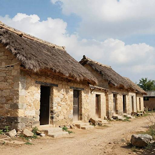 Photograph of rustic, stone-built houses with thatched roofs under a bright blue sky with white clouds, set on a dirt path.