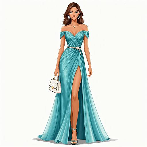 Digital illustration of a brunette woman in an off-the-shoulder, turquoise gown with a thigh-high slit, holding a white clutch, standing confidently against