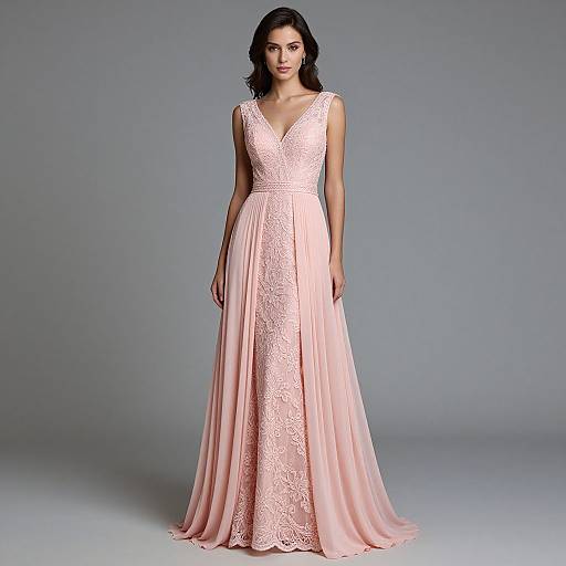 Photograph of a dark-haired woman in a floor-length, pink lace gown with a V-neck and sheer lace overlay, standing against a gray background.