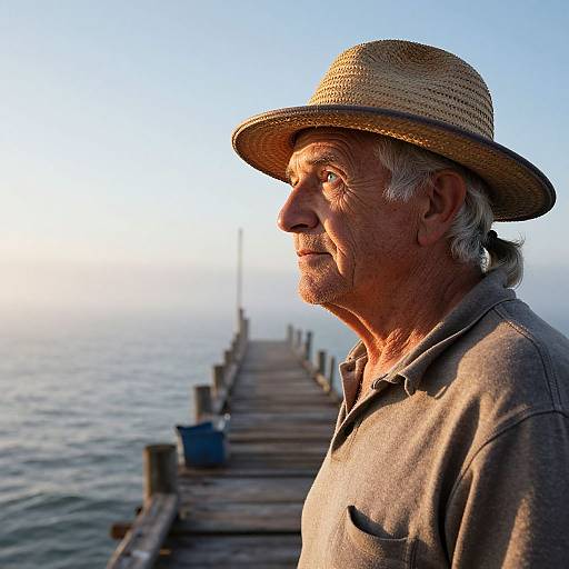 Photograph of an elderly white man with gray hair, wearing a straw hat and gray polo, standing on a wooden pier at sunset, overlooking a calm