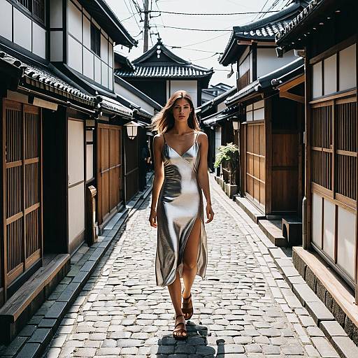 Woman Walking in Traditional Japanese Alleyway