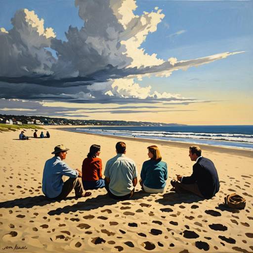 Group Sitting on Sandy Beach at Sunset