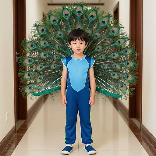 Photograph of an Asian toddler with short black hair, wearing blue outfit and socks, standing in hallway with large, peacock-feathered back.