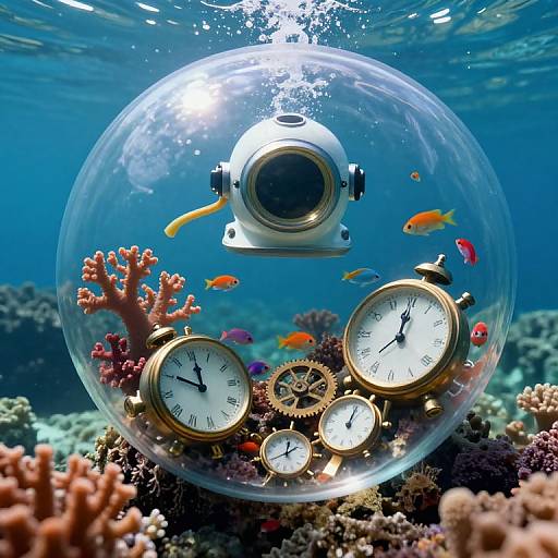 Underwater photograph of a clear bubble sphere with vintage clocks, a submarine-style camera, and colorful fish among coral reefs.