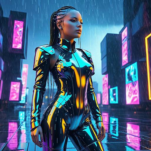 Cyberpunk Cyborg Lady in Rain