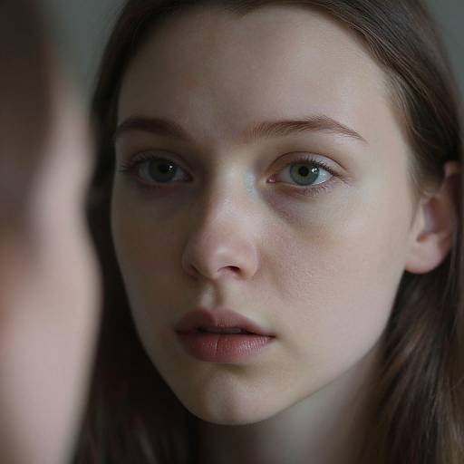 Close-up photograph of a pale-skinned, blue-eyed young woman with straight brown hair, slightly parted lips, and a focused expression, looking intently