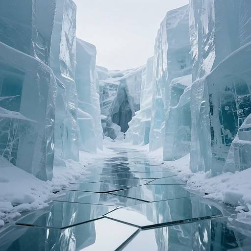 Photograph of an icy, blue-toned tunnel with towering crystalline ice blocks on both sides, reflecting on a snow-covered, grid-patterned floor