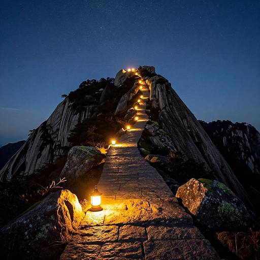 Photograph of a rocky mountain path at dusk, illuminated by yellow lights, with a starry night sky in the background.