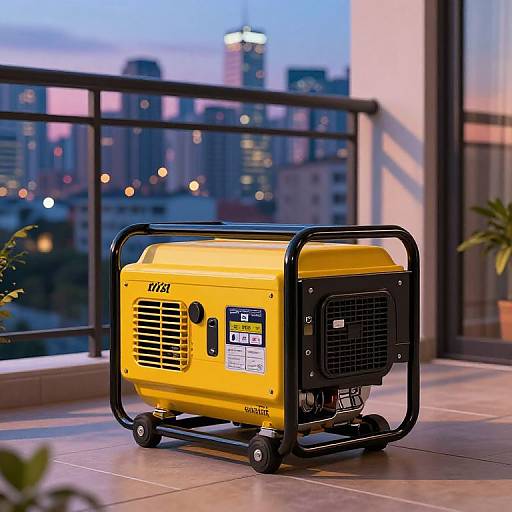 Photograph of a yellow Hitachi portable generator with black metal frame on a balcony, overlooking a city skyline at dusk.