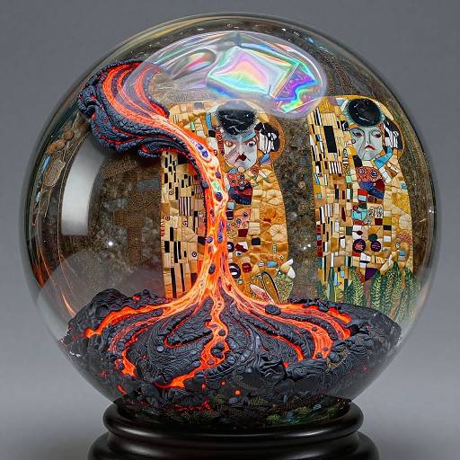 Stained glass snow globe with vibrant, fiery orange molten lava flowing through a colorful, mosaic-style cityscape within a clear glass sphere.