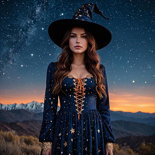 Young Woman in Starry Witch Costume at Twilight