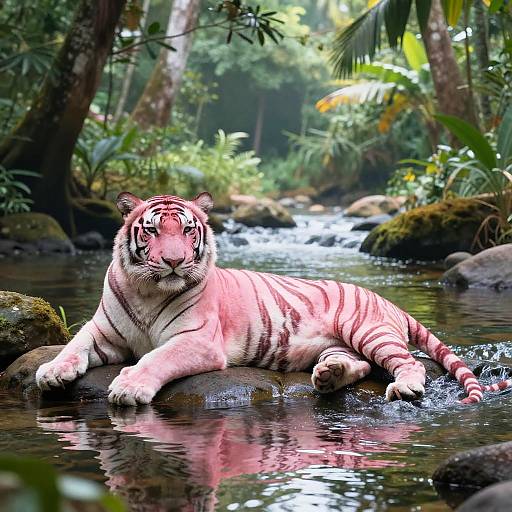 Photograph of a white tiger with pink stripes lying on a rock in a lush, green forest stream, reflecting in the water.