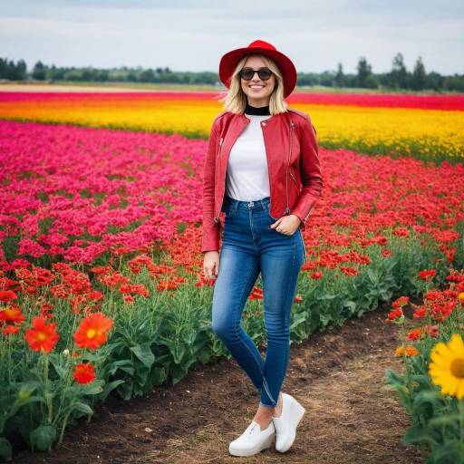 Young Woman in Red Leather Jacket Standing in Flower Field