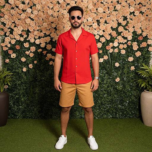 Photograph of a bearded man in a red shirt, beige shorts, white sneakers, and sunglasses, standing before a floral green wall with potted