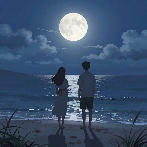 Romantic Moonlit Anime Beach Scene