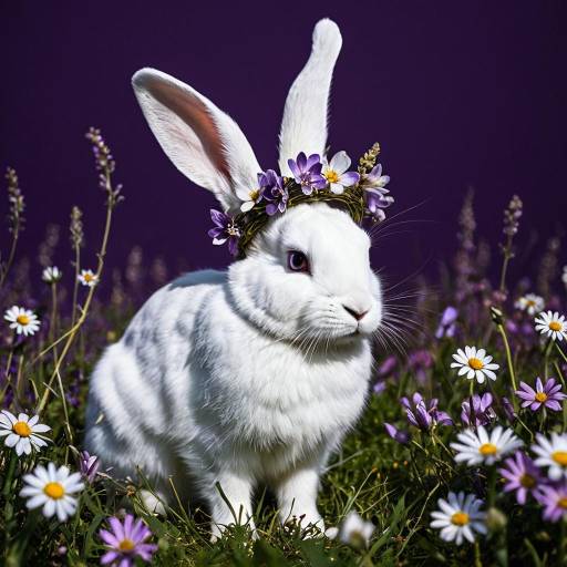 White Rabbit with Flower Crown in Field