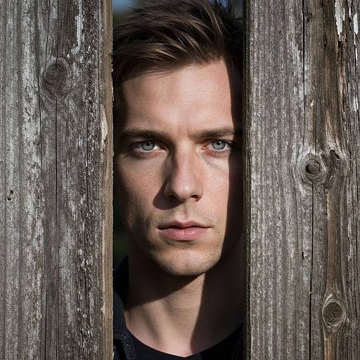 Photograph of a serious, blue-eyed man with short brown hair peering through weathered wooden slats, sunlight highlighting his face.