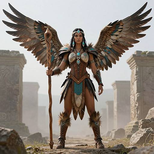 Digital artwork of a powerful, winged warrior woman with brown and blue feathered wings, wearing tribal armor, holding a staff, standing in a ruined