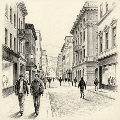 Black-and-white sketch of a bustling European street, featuring people walking between tall, historic buildings with shops and ornate architecture.