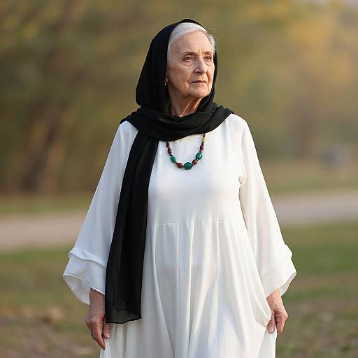 Photograph of an elderly Caucasian woman with white hair, wearing a black headscarf, white dress, and green beaded necklace, standing outdoors in